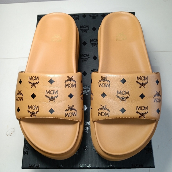 MCM | Shoes | New Mcm Platform Slide Sandals Cognac Monogram Leather Sz 37 | Poshmark